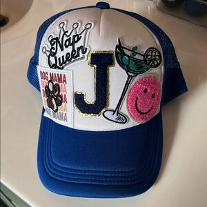 Blue and White Cap with Fun Patches